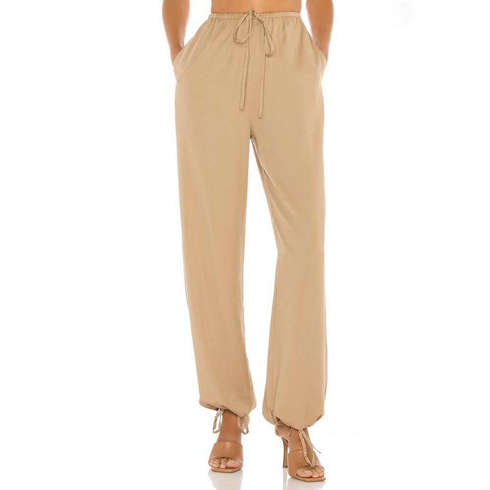 L'Academie Revolve Womens Tie Hem Pants M Light Brown Tencel Pockets Dra…